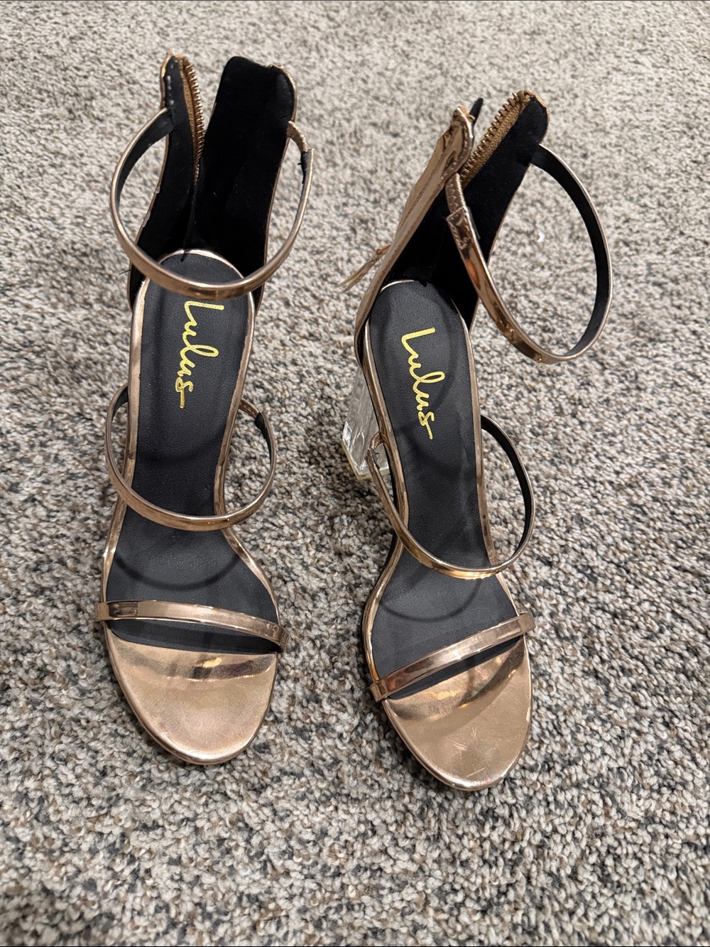 Lulu's Metallic Rose Gold Strappy Block Heel Sandals